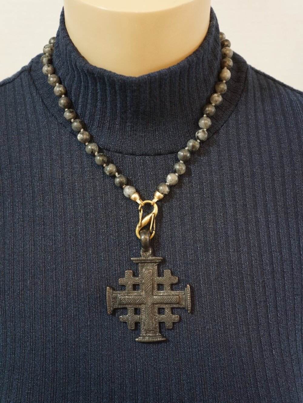 Artisan Cast Brass Jerusalem Cross Labradorite Bead Chunky Statement Necklace